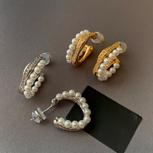 Light Luxury Round Faux Pearl Rhinestone Stud Earrings For Women Vintage Elegant Geometric Jewelry