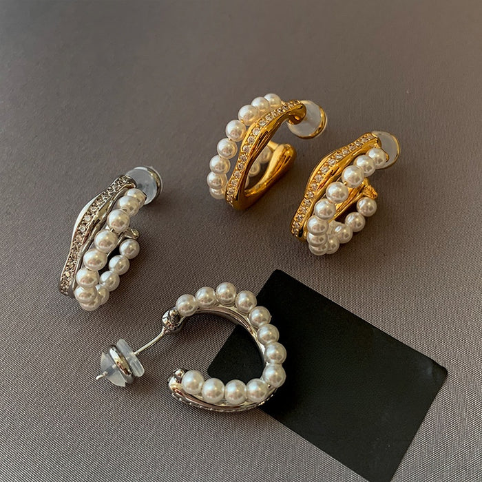 Light Luxury Round Faux Pearl Rhinestone Stud Earrings For Women Vintage Elegant Geometric Jewelry