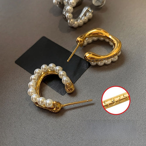 Light Luxury Round Faux Pearl Rhinestone Stud Earrings For Women Vintage Elegant Geometric Jewelry