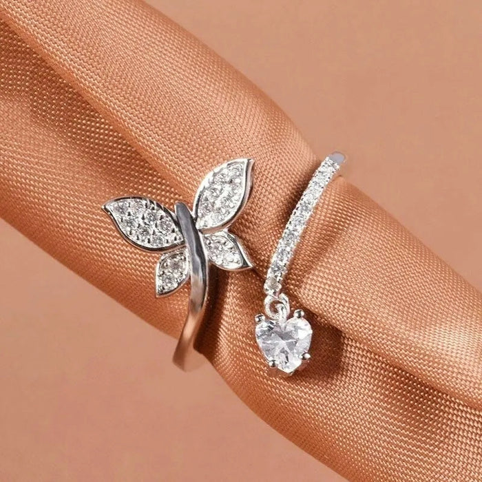 Elegant Adjustable Open Butterfly Ring With Sweet Heart Charm For Daily Commuter Jewelry