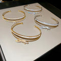 Light Luxury Copper Zircon Bow Double Layer Open Bangle French Delicate Jewelry view 4