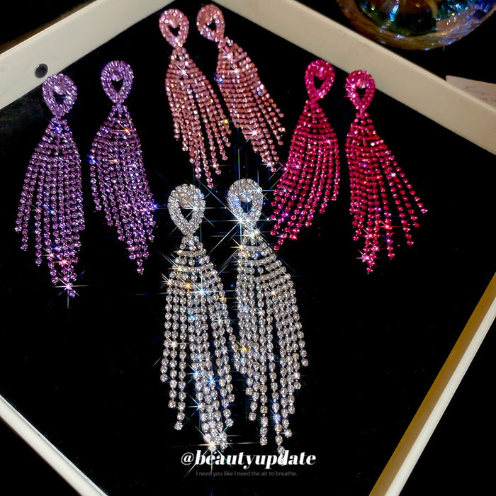 Chic Copper Rhinestone Waterdrop Tassel Drop Earrings With Silver Posts