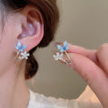 Blue Glass Crystal Rice Bead Flower Stud Earrings For Women Fresh Vacation Style view 4