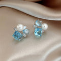 Blue Glass Crystal Rice Bead Flower Stud Earrings For Women Fresh Vacation Style view 3