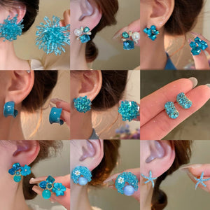Blue Glass Crystal Rice Bead Flower Stud Earrings For Women Fresh Vacation Style