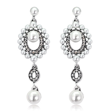 Silver Tone Pearl Oval Halo Crystal Pearl Look Two Designs Metal Dangle Earrings