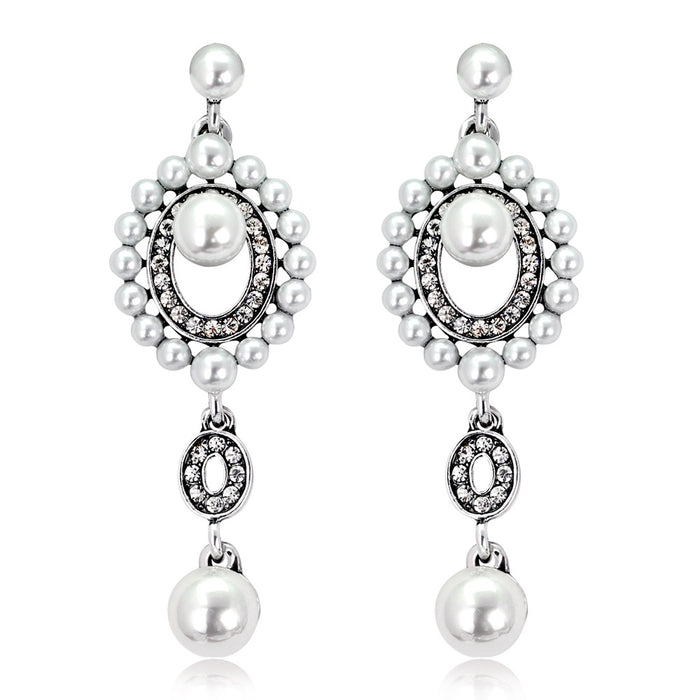 Silver Tone Pearl Oval Halo Crystal Pearl Look Two Designs Metal Dangle Earrings