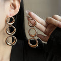 Elegant Gold Alloy Triple Round Hoop Drop Stud Earrings For Women Statement Long Circle Pendant Earrings view 1