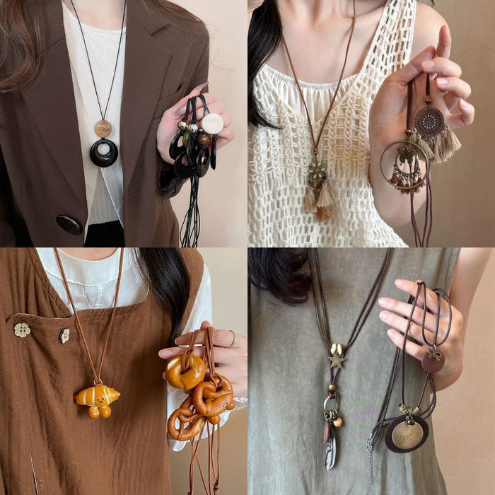 Vintage Faux Leather Star Geometric Tassel Pendant Sweater Necklace for Women Ethnic Style