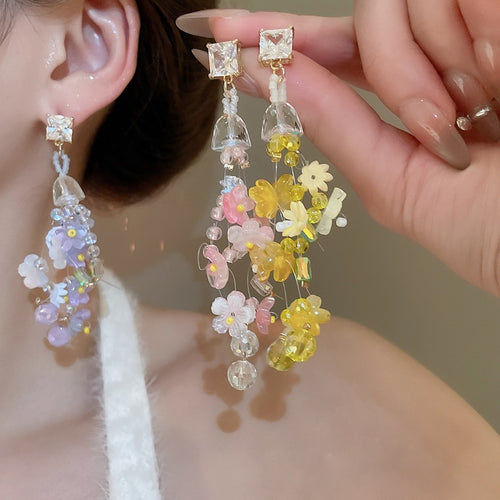 Sweet Resin Flower Rhinestone Tassel Drop Earrings With Silver Pins For Beach Vacation Style