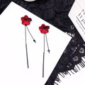 Red Fabric Flower Mismatched Black Bar Stud Earrings view 2