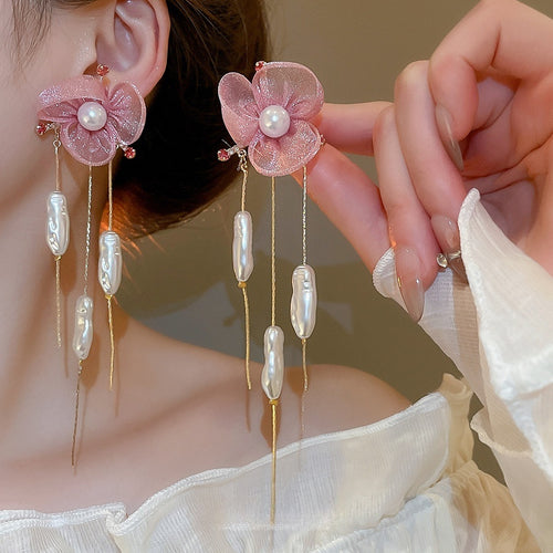 Rhinestone Chiffon Flower Faux Pearl Tassel Drop Earrings Beach Vacation Style
