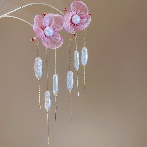 Rhinestone Chiffon Flower Faux Pearl Tassel Drop Earrings Beach Vacation Style