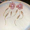 Rhinestone Chiffon Flower Faux Pearl Tassel Drop Earrings Beach Vacation Style view 3