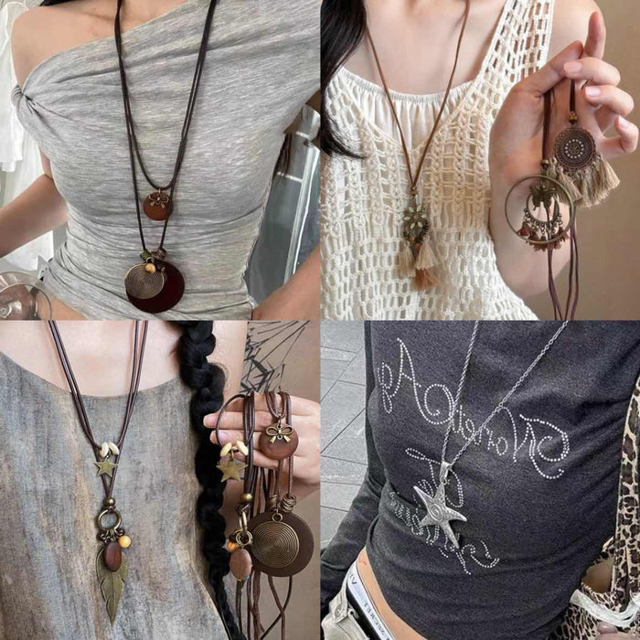 Vintage Distressed Wood Bow Pendant Necklace Boho Ethnic Long Circle Charm 2026