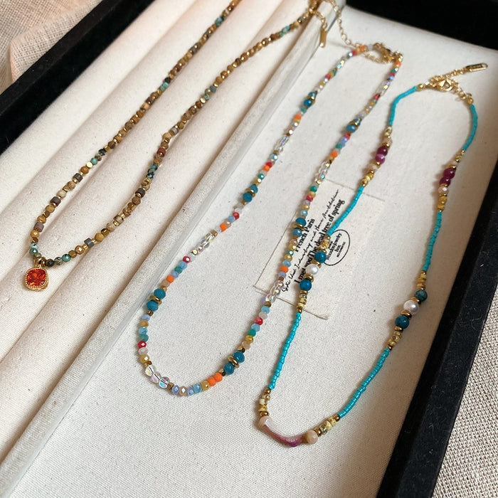 Stainless Steel Colorful Faux Crystal Beaded Necklace, Sweet Beach Vacation Ethnic Choker