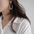 Matte Gold Tone Layered Open Oval Statement Drop Earrings view 2