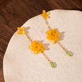 Elegant Vintage Yellow Osmanthus Flower Alloy Chain Tassel Studs With Green Crystal Drop Earrings view 3