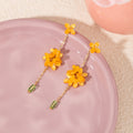Elegant Vintage Yellow Osmanthus Flower Alloy Chain Tassel Studs With Green Crystal Drop Earrings view 2
