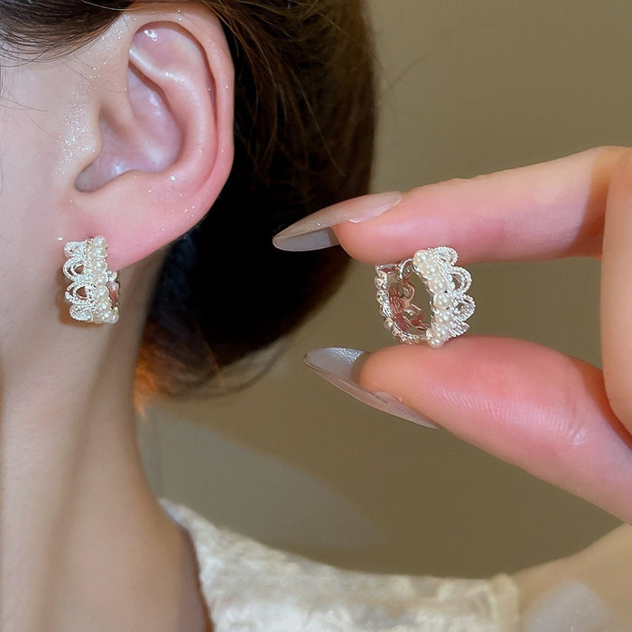 French Vintage Lace Crown Pearl Ear Cuff Earrings Chic Geometric Round Commuter Jewelry