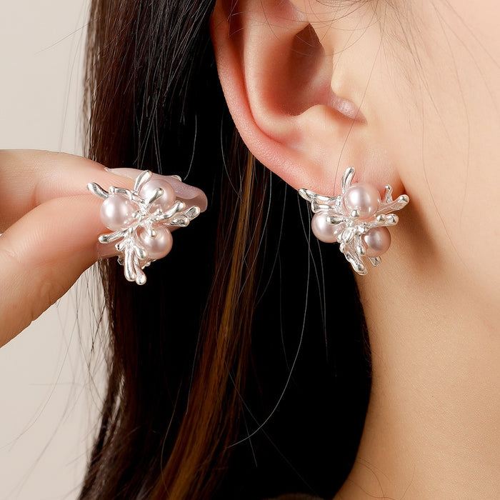 Elegant Vintage Silver Alloy Firework Cluster Pearl Stud Earrings For Women Luxury Fashion Earrings