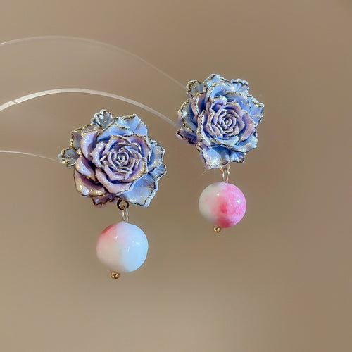 French Vintage Chic Floral Glass Bead Silver Needle Stud Earrings Elegant Light Luxury Jewelry