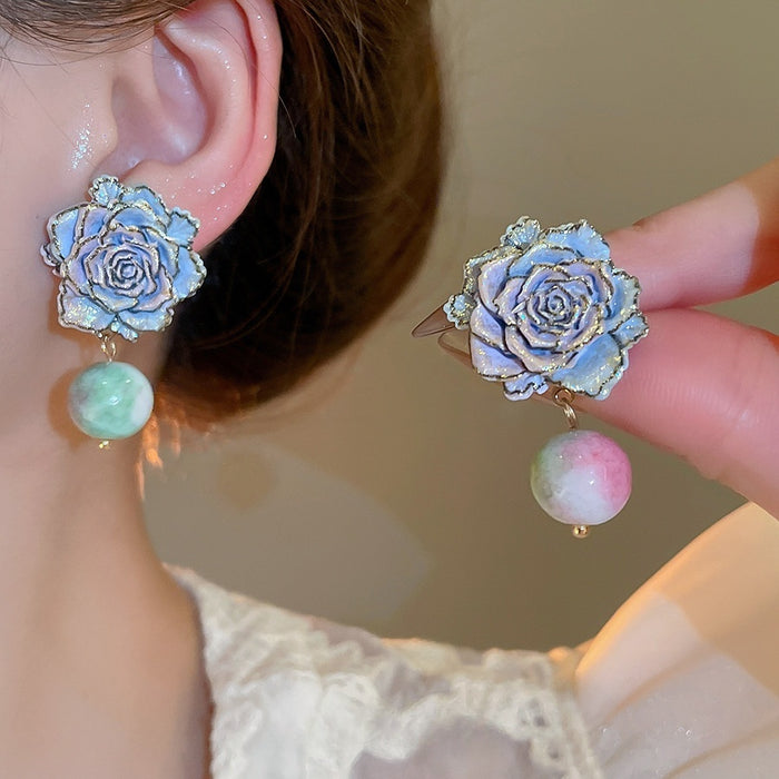 French Vintage Chic Floral Glass Bead Silver Needle Stud Earrings Elegant Light Luxury Jewelry
