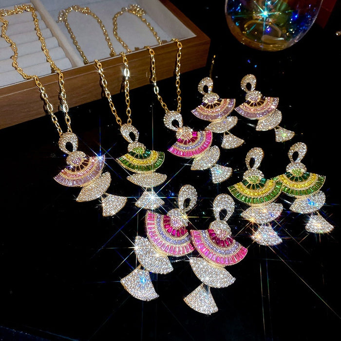 Light Luxury Palace Style Alloy Fan-Shaped Rhinestone Stud Earrings And Collar Necklace Jewelry Set