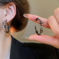 Vintage Alloy Oval Tiger Eye Stone Rhinestone Hoop Earrings For Women view 2