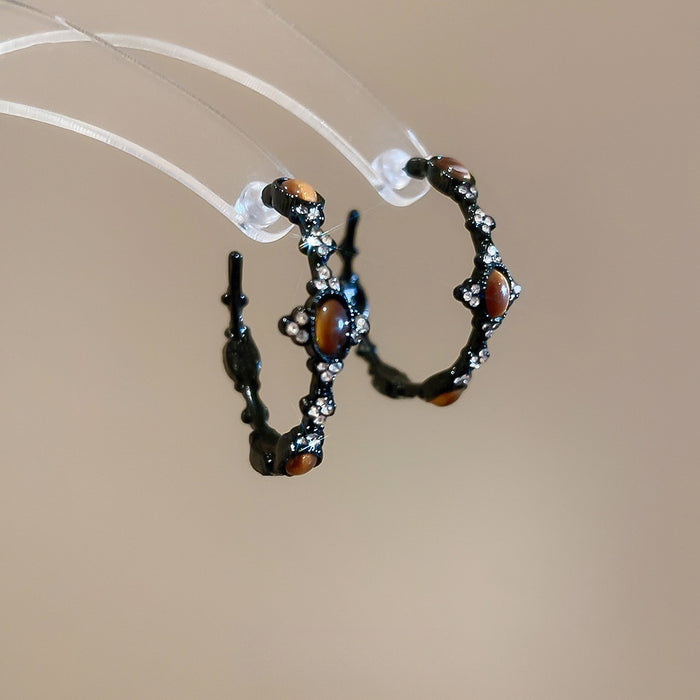 Vintage Alloy Oval Tiger Eye Stone Rhinestone Hoop Earrings For Women