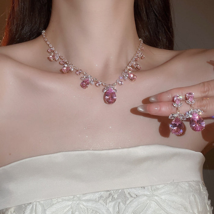 Copper Zircon Flower Waterdrop Necklace Earrings Jewelry Set Elegant Light Luxury Style