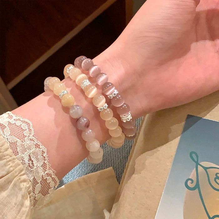Natural Cat Eye Stone Beaded Bracelet, Round Geometric New Chinese Light Luxury Fashion Jewelry