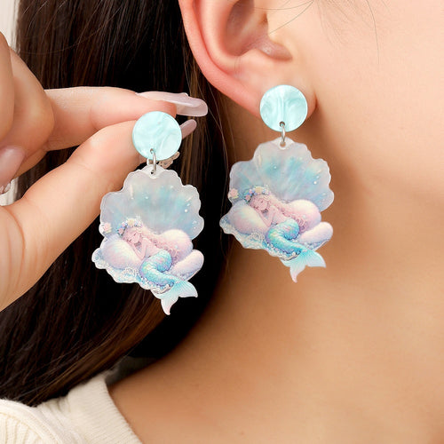 Sweet Mermaid Shell Acrylic Drop Earrings For Women Cartoon Ocean Fairy Pastel Alloy Stud Earrings