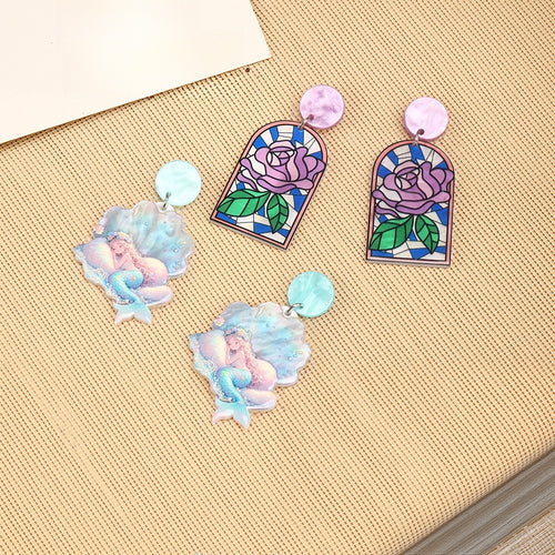Sweet Mermaid Shell Acrylic Drop Earrings For Women Cartoon Ocean Fairy Pastel Alloy Stud Earrings