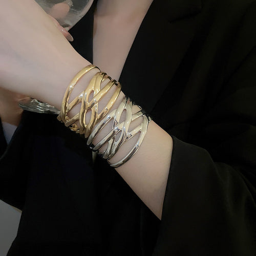 Irregular Smooth Metal Printed Open Bangle Vintage Minimalist Light Luxury Jewelry