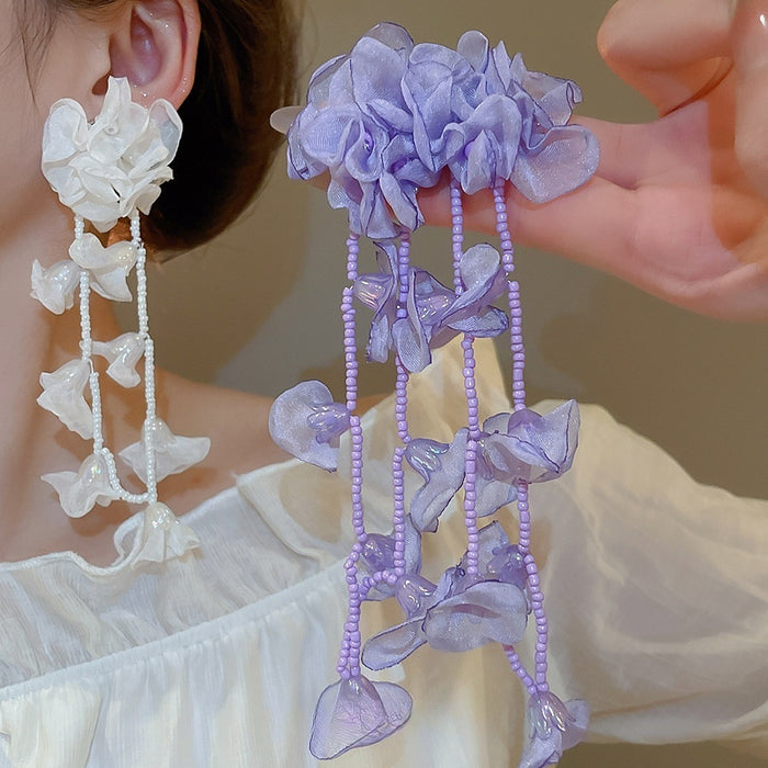 Chiffon Flower Seed Bead Tassel Drop Earrings Beach Vacation Style Fabric Floral Ear Jewelry