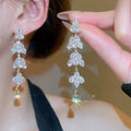 Copper Leaf Tassel Drop Earrings With Sparkling Rhinestone Studs, Vintage Luxe Style view 3