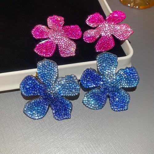 Korean Style Rhinestone Flower Stud Earrings With Silver Posts, Elegant Light Luxury Metal Jewelry