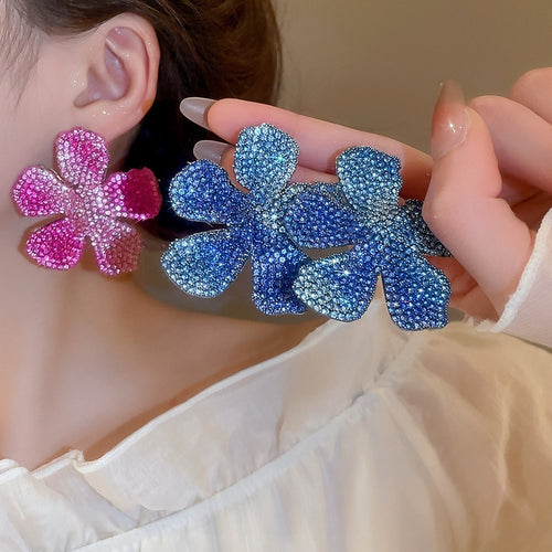 Korean Style Rhinestone Flower Stud Earrings With Silver Posts, Elegant Light Luxury Metal Jewelry