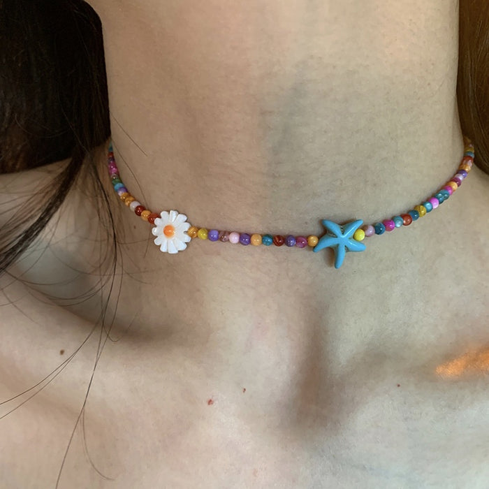 Colorful Acrylic Starfish Flower Beaded Necklace Bohemian Vacation Style Sweet Collarbone Jewelry