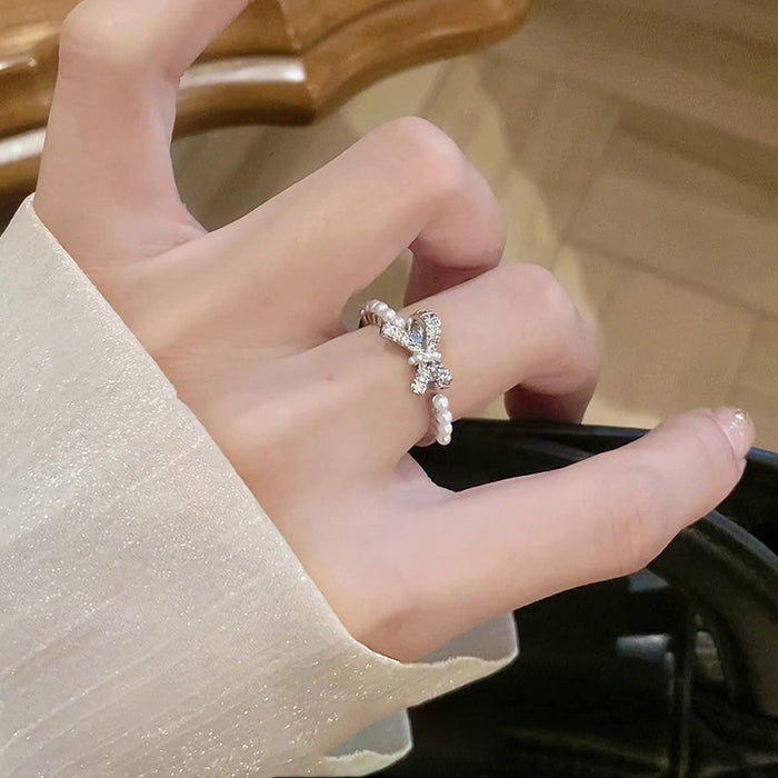 Zircon Bow Faux Pearl Open Ring For Women Minimalist Light Luxury Index Finger Jewelry