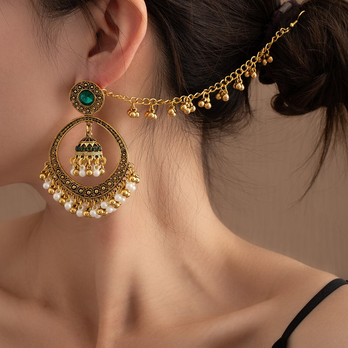 Bohemian Vintage Gold Alloy Hoop Bell Tassel Pearl Chain Ear Cuff Stud Statement Earrings