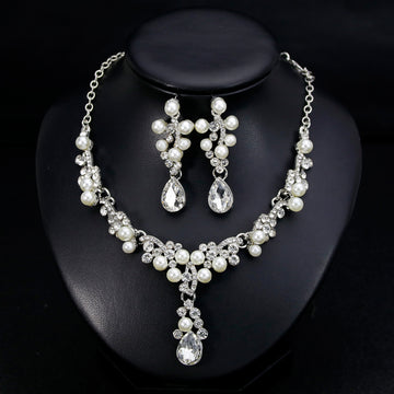 Blue Black Pearl Crystal Cluster Collar Metal Necklace and Earring Set