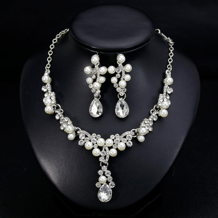 Blue Black Pearl Crystal Cluster Collar Metal Necklace and Earring Set
