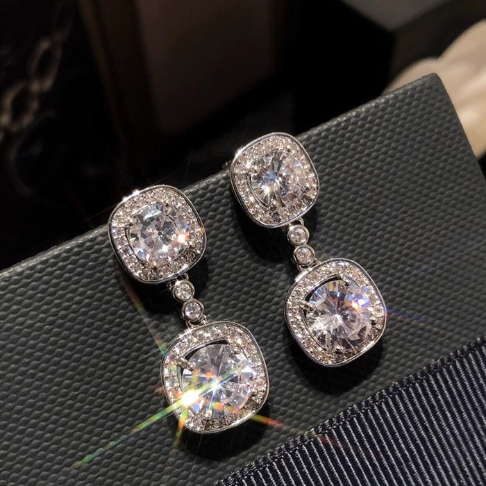 Style Light Luxury Women's Drop Earrings, Geometric Shiny Zircon Elegant Fashion Jewelry