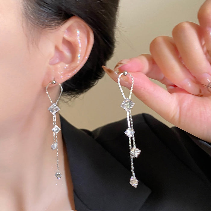 Chic Copper Zircon Star Diamond Geometric Tassel Drop Earrings With Silver Pins