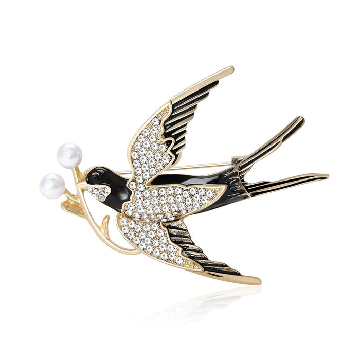 Alloy Rhinestone Pearl Swallow Brooch Pin For Women Apparel Decoration