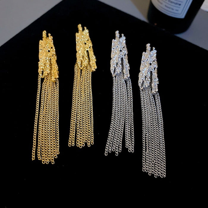 Silver Needle Metal Wheat Ear Long Tassel Drop Earrings Light Luxury Statement Design