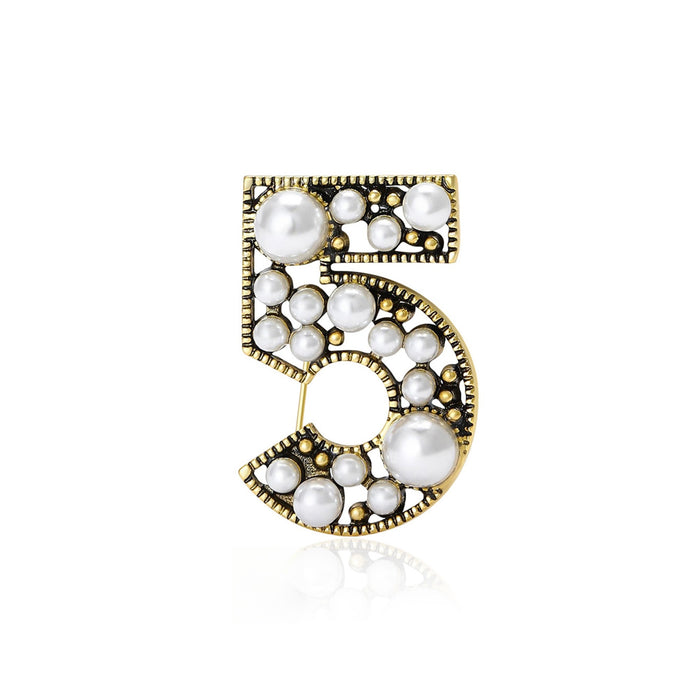 Alloy Pearl Number Brooch For Fashion Clothing And Accessories