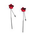 Red Fabric Flower Mismatched Black Bar Stud Earrings view 5